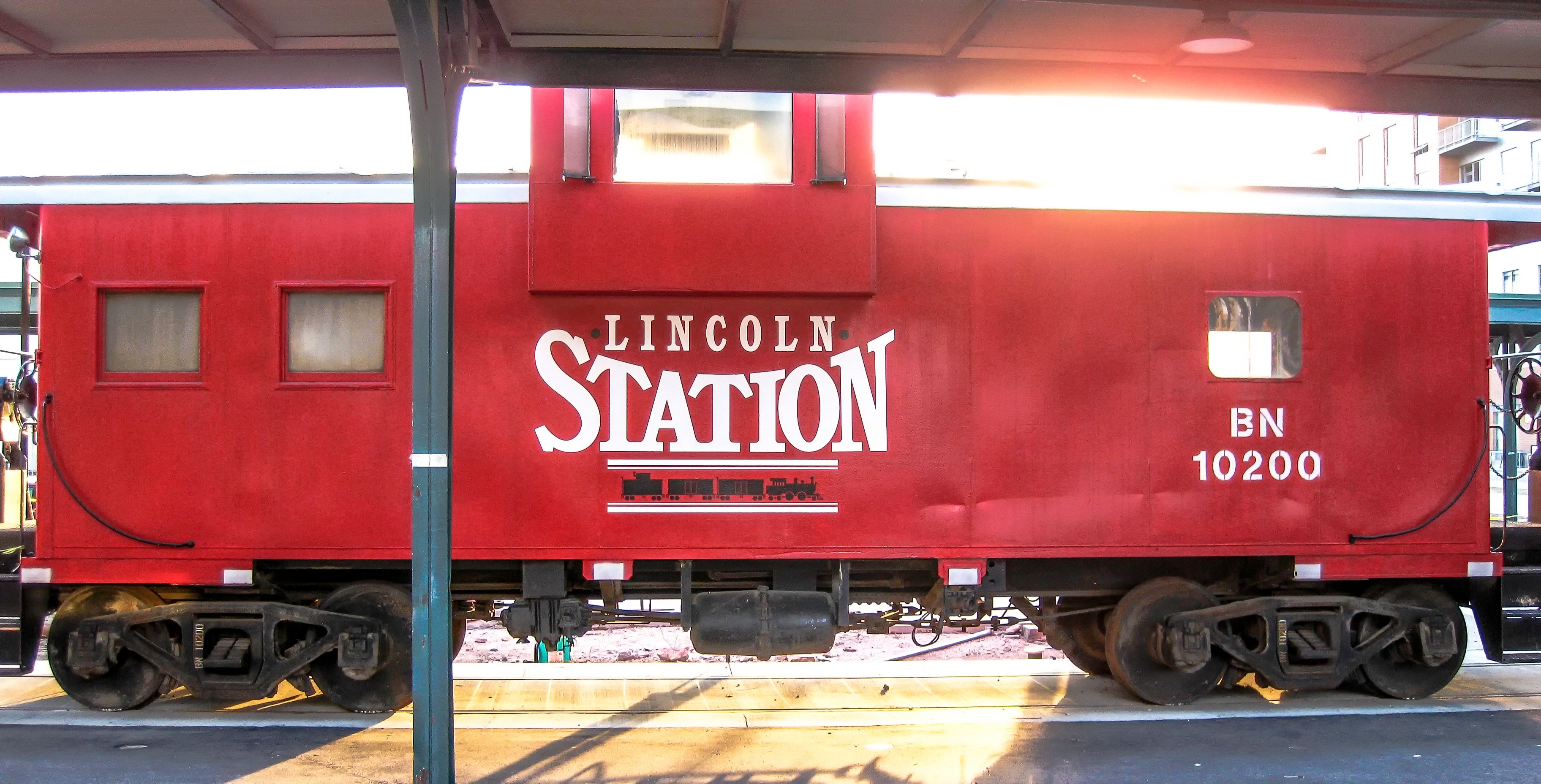 Lincoln Station red caboose BN 10200 at the Haymarket District